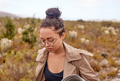 Buy stock photo Woman, nature and hiking for travel outdoor, walking to explore environment and exercise. Health, wellness and adventure, tourism and vacation in outback Australia with safari or trekking along trail