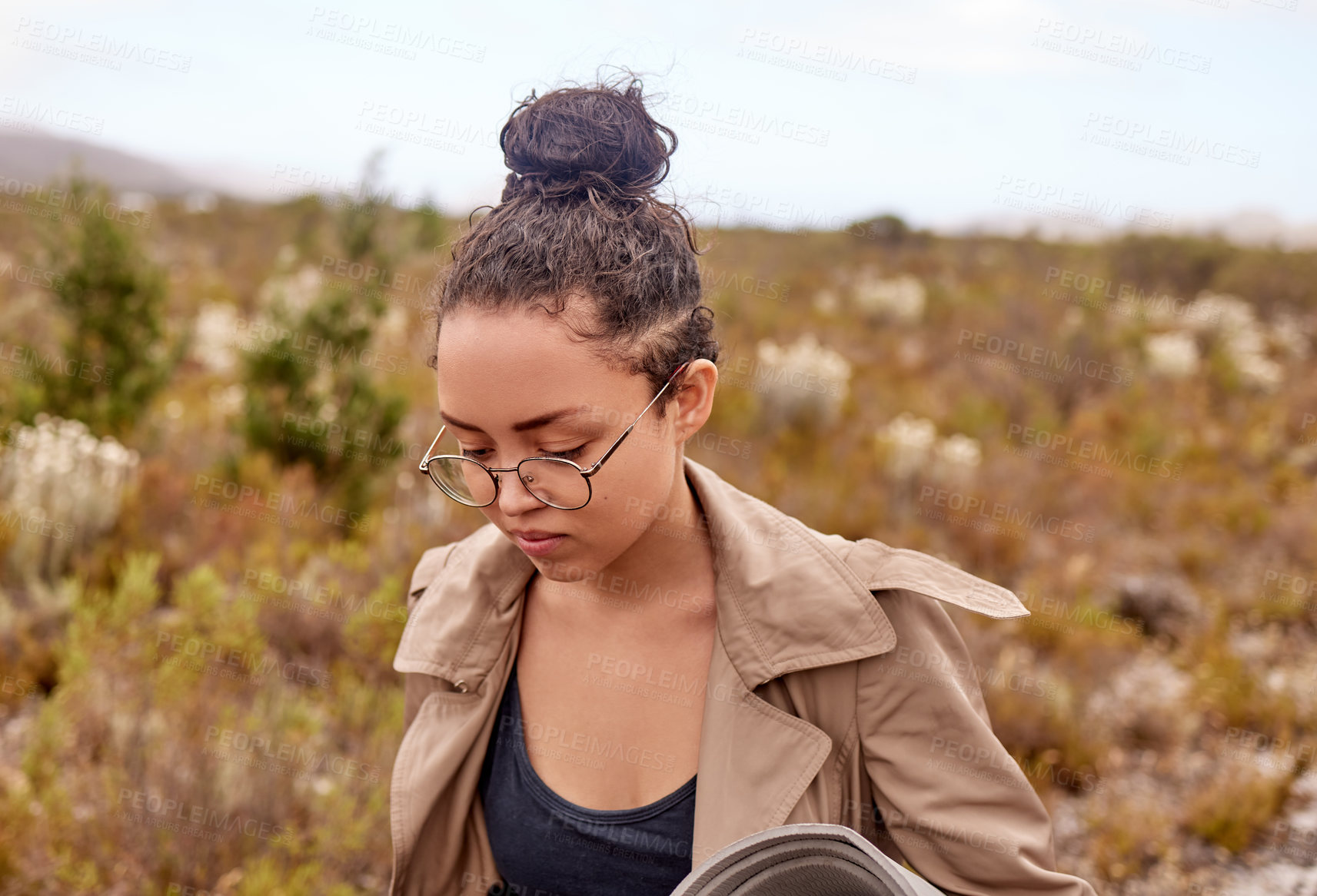 Buy stock photo Woman, nature and hiking for travel outdoor, walking to explore environment and exercise. Health, wellness and adventure, tourism and vacation in outback Australia with safari or trekking along trail