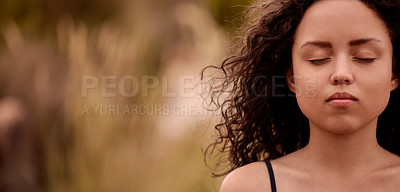 Buy stock photo Meditation, woman and nature with zen, yoga and mindfulness outdoor with mockup. Wellness, breathing and calm meditate practise of a young female person with holistic healing and relax exercise