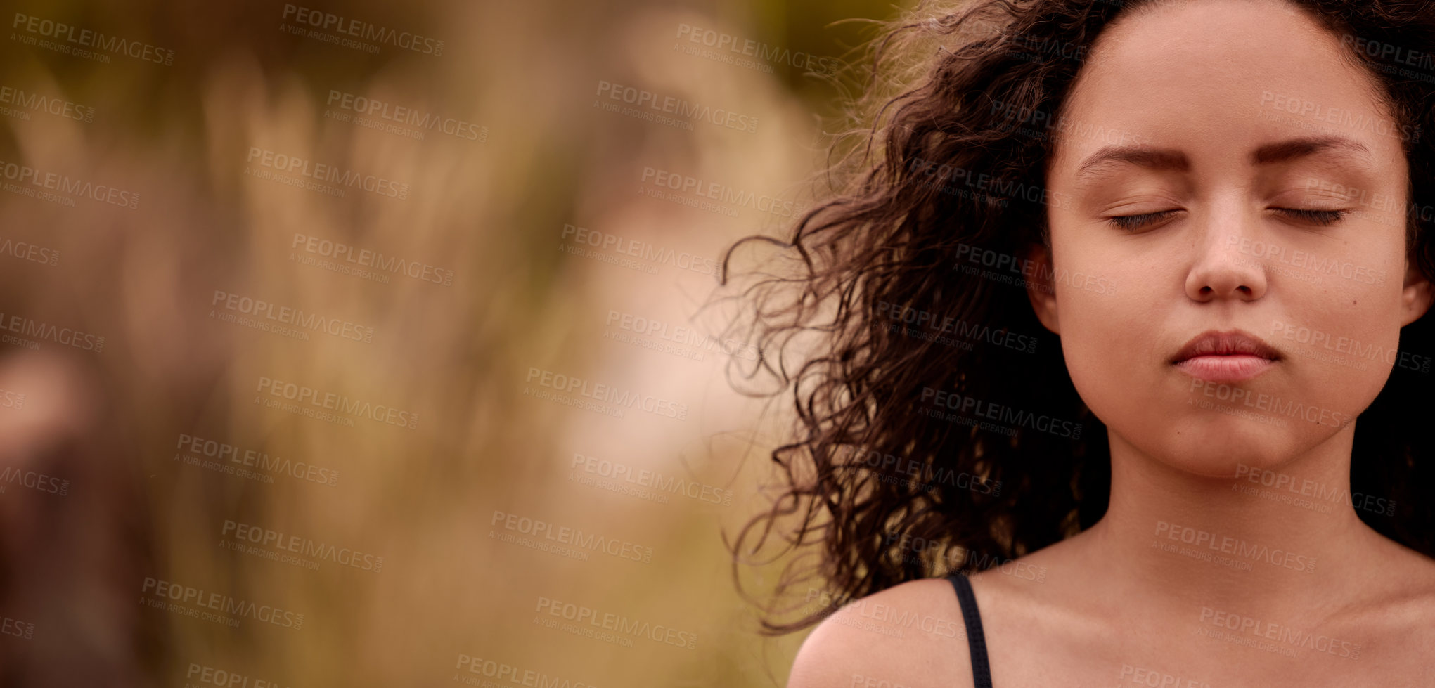 Buy stock photo Meditation, woman and nature with zen, yoga and mindfulness outdoor with mockup. Wellness, breathing and calm meditate practise of a young female person with holistic healing and relax exercise