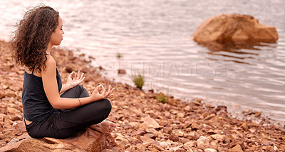 Buy stock photo Water, peace and woman with lotus hands meditation at a lake for wellness, zen or mental health balance. Spiritual, mindfulness and river silence for healing, worship or holistic breathing exercise