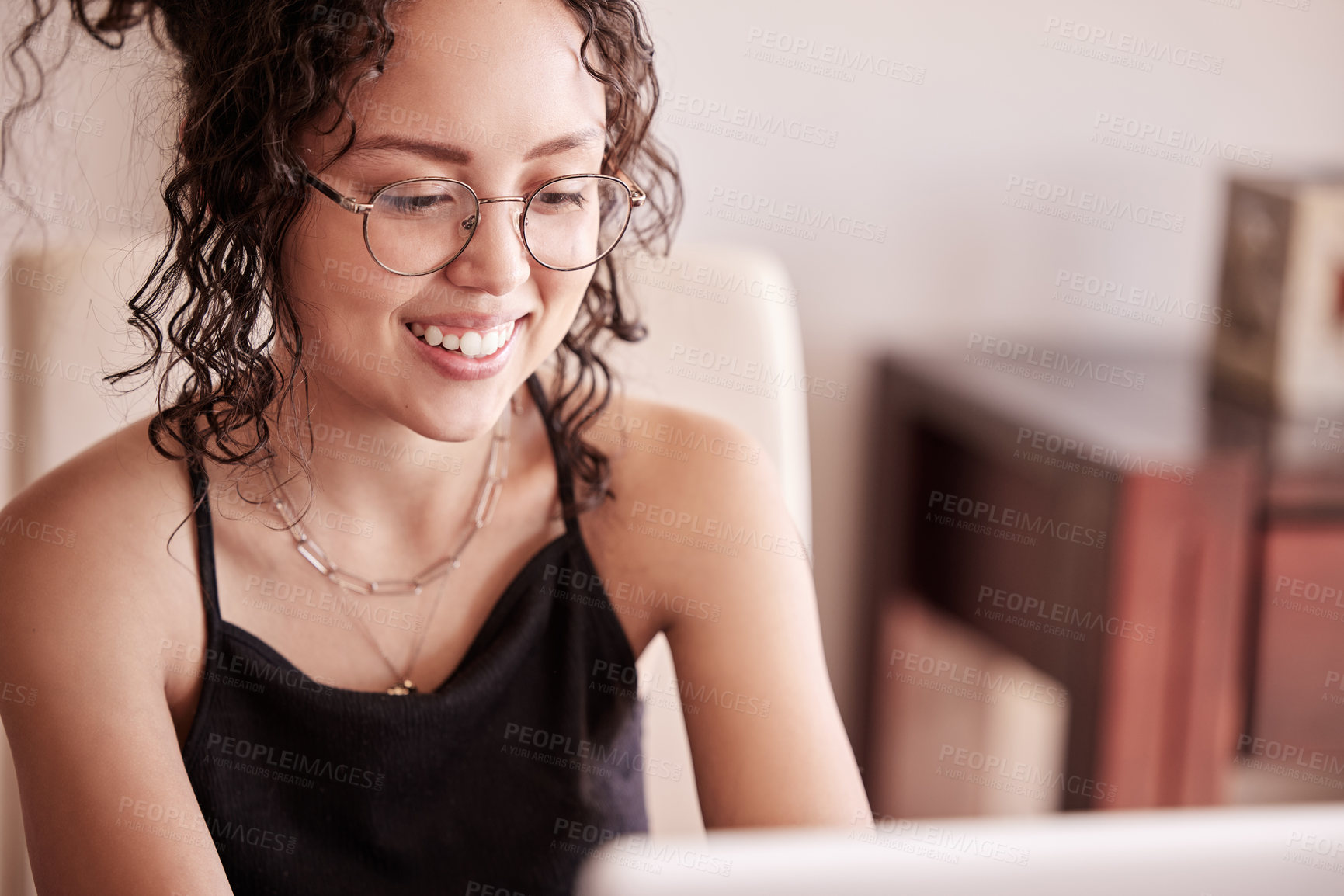 Buy stock photo Happy girl, student and research with laptop for news, browsing or communication at home. Young writer or female person studying or working on technology for online assignment or job search at house