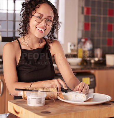 Buy stock photo Happy girl, portrait and breakfast with cheese, crackers or spread for healthy meal, diet or snack in kitchen at home. Face of young woman with smile for morning appetite, hunger or eating nutrition