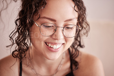 Buy stock photo Girl, face and glasses or laughing with daydreaming in home for happy memory, thinking and funny joke. Person, smile and thoughtful with wonder, inspiration and satisfaction with decision in house