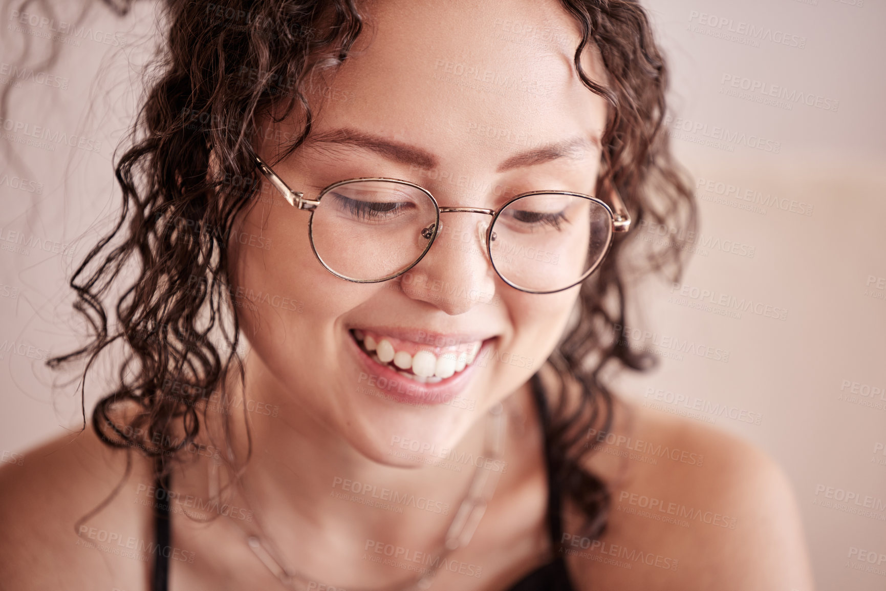 Buy stock photo Girl, face and glasses or laughing with daydreaming in home for happy memory, thinking and funny joke. Person, smile and thoughtful with wonder, inspiration and satisfaction with decision in house