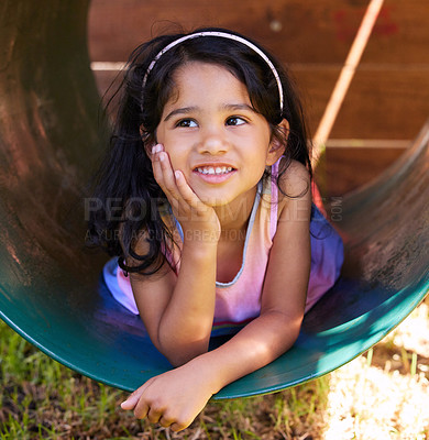 Buy stock photo Girl, playground and thinking with fun, youth and child outdoor in a park with idea. Kid, smile and happy on school holiday and summer break in Mexico in a home garden with vacation in a yard