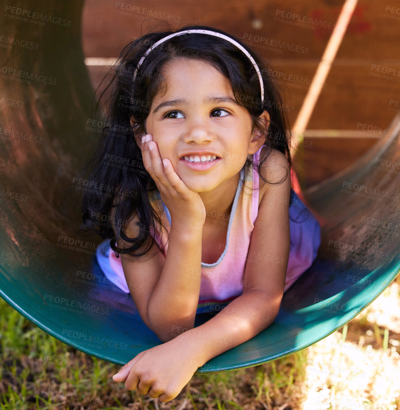 Buy stock photo Girl, playground and thinking with fun, youth and child outdoor in a park with idea. Kid, smile and happy on school holiday and summer break in Mexico in a home garden with vacation in a yard