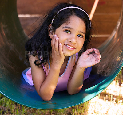 Buy stock photo Girl, playground and wave with fun, youth and child outdoor in a park with greeting. Kid, smile and happy on school holiday and summer break in Mexico in a home garden with vacation in a yard