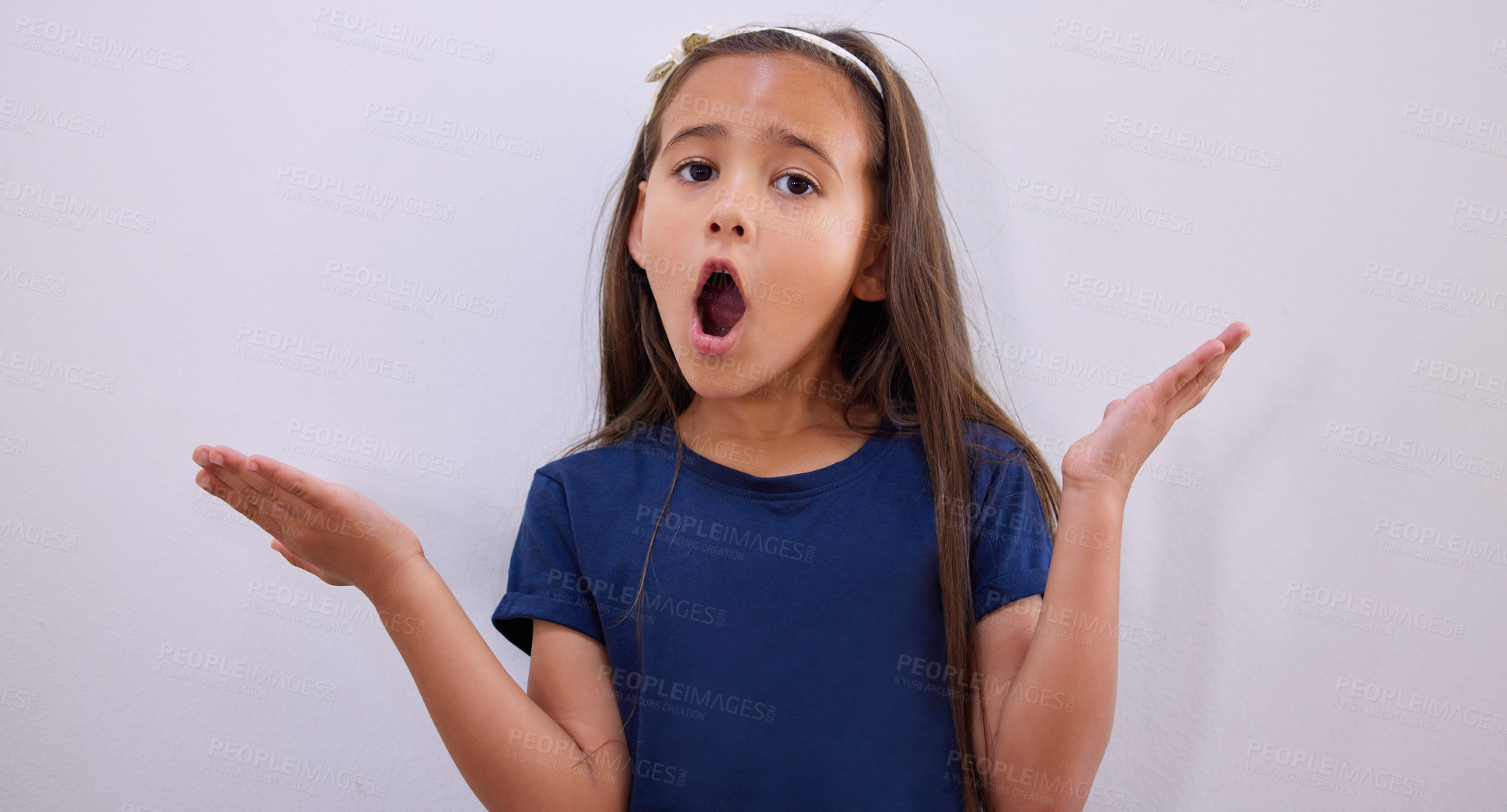 Buy stock photo Shock, portrait and girl with surprise and why hand sign with youth and wow from news in studio. Cute, casual fashion and shrug emoji gesture and child with omg and confused with white background