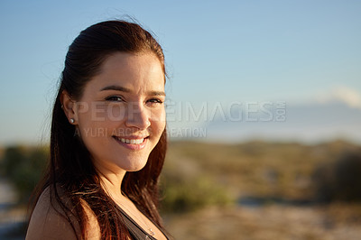 Buy stock photo Happy, woman and portrait outdoor with hike and smile from eco friendly travel in Minnesota on holiday. Fitness, wellness and nature with relax traveler on vacation in summer with adventure on break
