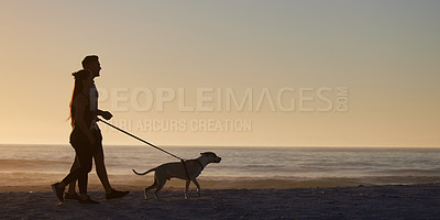 Buy stock photo Couple, dog or silhouette at beach, walking or mockup space by sunset sky background, summer and dusk. People, pet and outdoor by ocean, nature or together in mock up for holiday, vacation or freedom