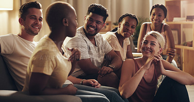Buy stock photo Shot of a group of a diverse group of friends relaxing in the lounge at home