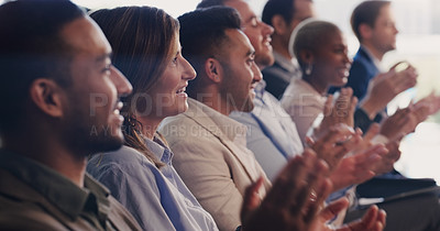 Buy stock photo Audience, clapping hands and business people at a conference, seminar or training workshop. Diversity men and women crowd applause at a presentation for success, achievement and corporate growth 
