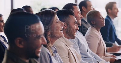 Buy stock photo Happy audience, conference and laughing business people at a seminar, workshop or training. Diversity men and women crowd at a presentation for learning, knowledge and funny corporate discussion 