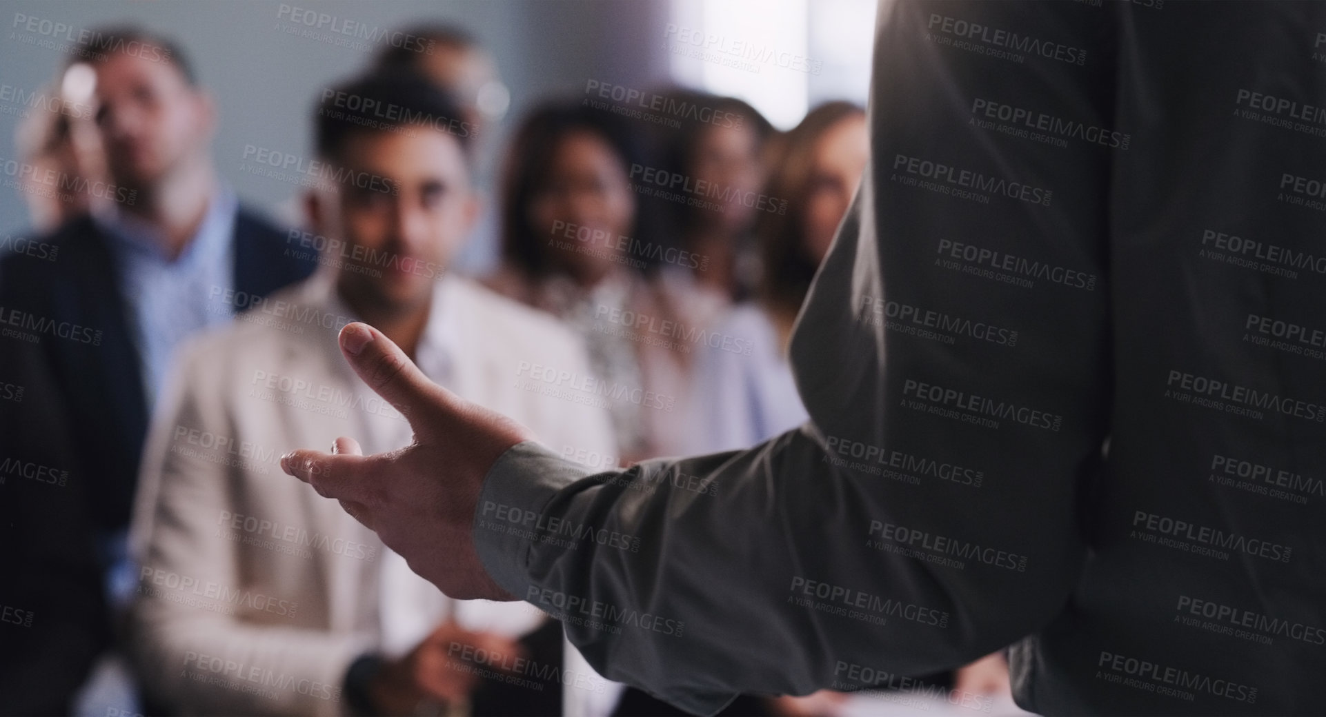 Buy stock photo Audience, presentation and business people with hand of a speaker at a seminar, workshop or training. Diversity men and women crowd at a conference for learning, knowledge and corporate discussion 