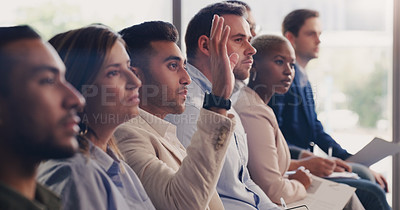 Buy stock photo Audience, conference and question of a business man with hand up at a seminar, workshop or training. Diversity men and women crowd at a presentation for learning, knowledge and faq discussion 