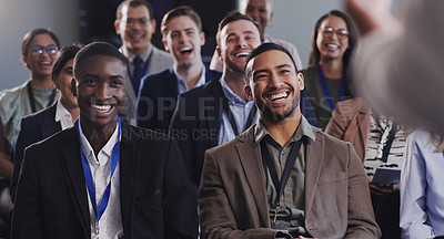 Buy stock photo Laughing, happy and business people or audience at conference, seminar or training workshop. Diversity men and women crowd at presentation or convention for corporate education, knowledge or talk 