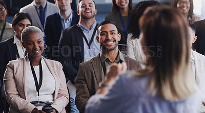 Buy stock photo Audience, conference and business people listening to speaker at a seminar, workshop or training. Diversity men and women crowd at a presentation for learning, knowledge and corporate discussion 