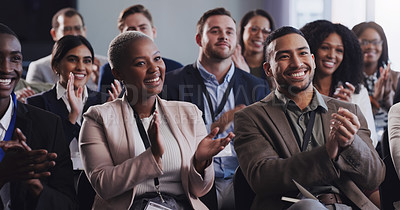 Buy stock photo Business people, conference and audience applause at seminar, workshop or training. Diversity men and women crowd clapping at presentation or convention for corporate success, bonus or growth 