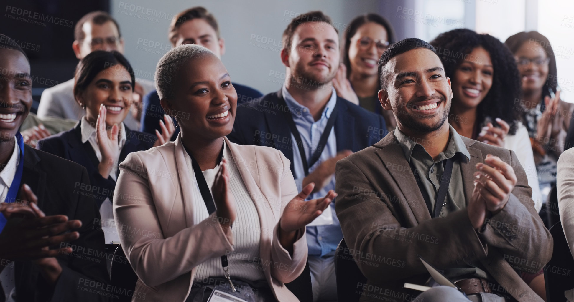 Buy stock photo Business people, conference and audience applause at seminar, workshop or training. Diversity men and women crowd clapping at presentation or convention for corporate success, bonus or growth 