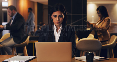 Buy stock photo Laptop, corporate lounge and woman reading stock exchange report, finance insight or financial trading analysis. Web review, night and overtime person doing research of online investment market