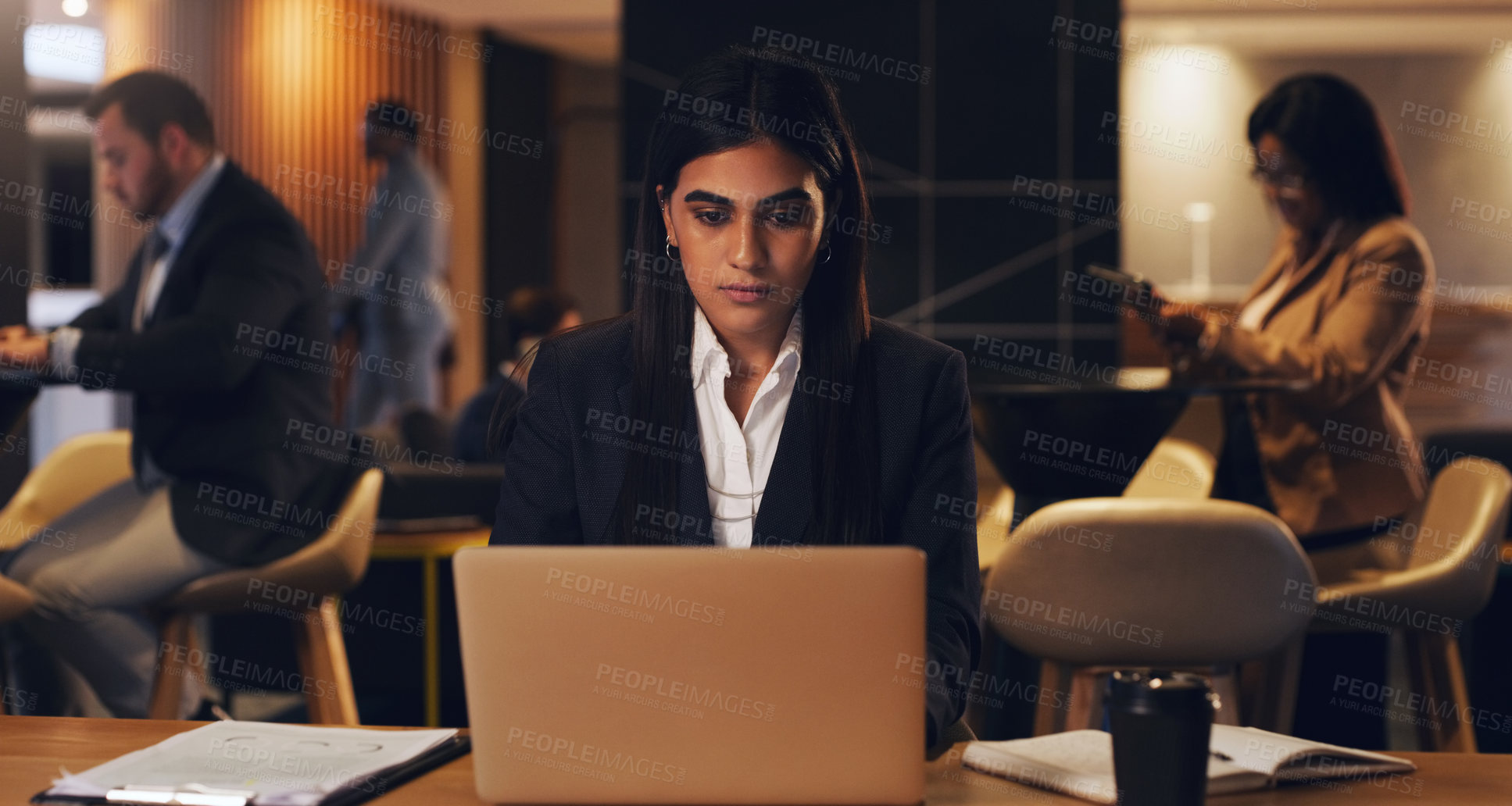 Buy stock photo Laptop, corporate lounge and woman reading stock exchange report, finance insight or financial trading analysis. Web review, night and overtime person doing research of online investment market