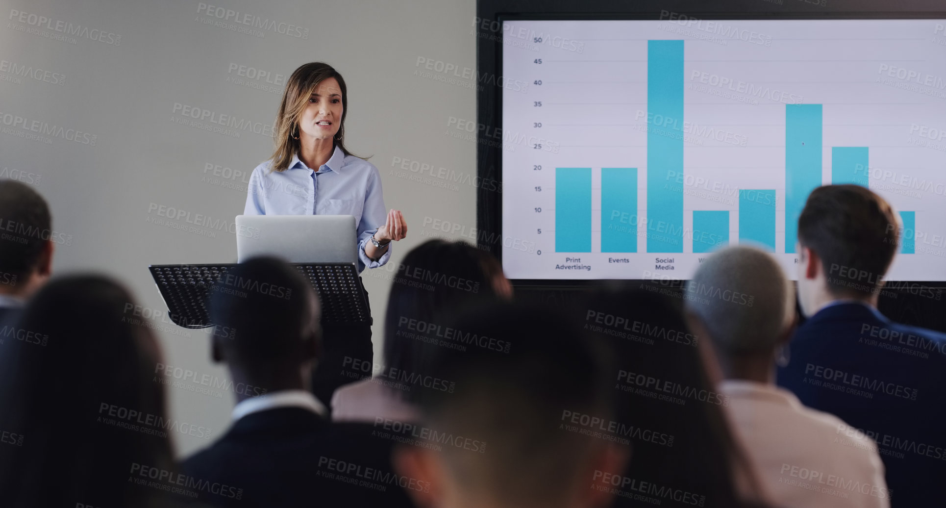 Buy stock photo Woman speaker, presentation or business screen of graphs at seminar, workshop or training. Professional men, women or conference with a podium for learning, knowledge and discussion for sales growth