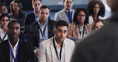 Buy stock photo Business people, conference and audience listening to speaker at a seminar, workshop or training. Diversity men and women crowd at a presentation for learning, knowledge and corporate discussion 