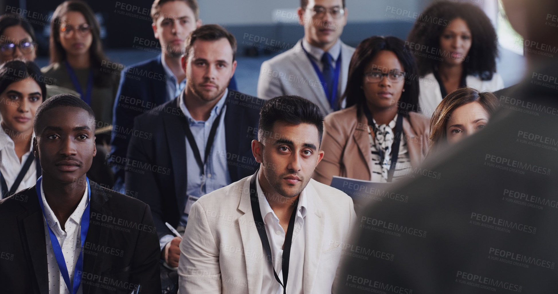 Buy stock photo Business people, conference and audience listening to speaker at a seminar, workshop or training. Diversity men and women crowd at a presentation for learning, knowledge and corporate discussion 
