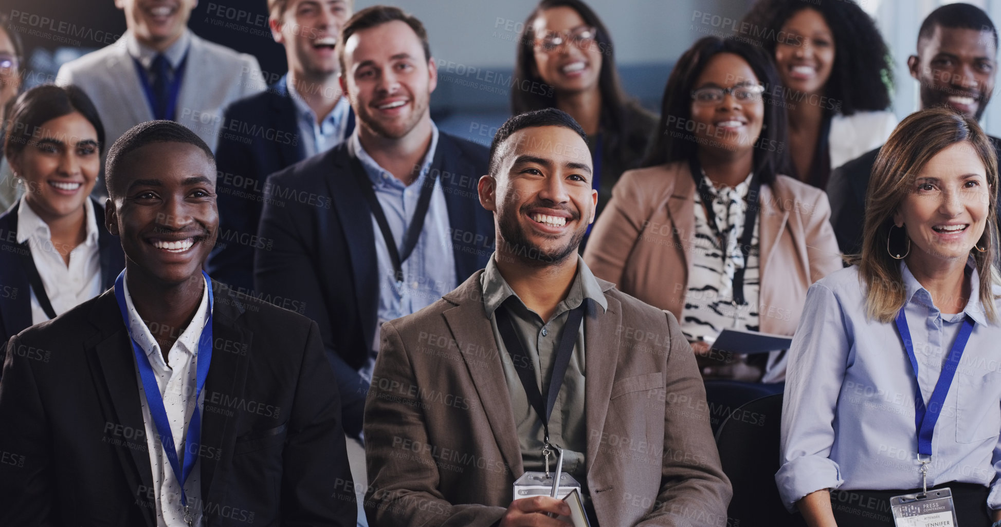 Buy stock photo Business people, conference and happy audience listening to a seminar, workshop or training. Diversity men and women crowd at conference or convention for corporate education, knowledge and learning 