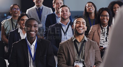 Buy stock photo Business people, conference and happy audience laughing at a seminar, workshop or training. Diversity men and women crowd at conference or convention for corporate education, knowledge and learning 