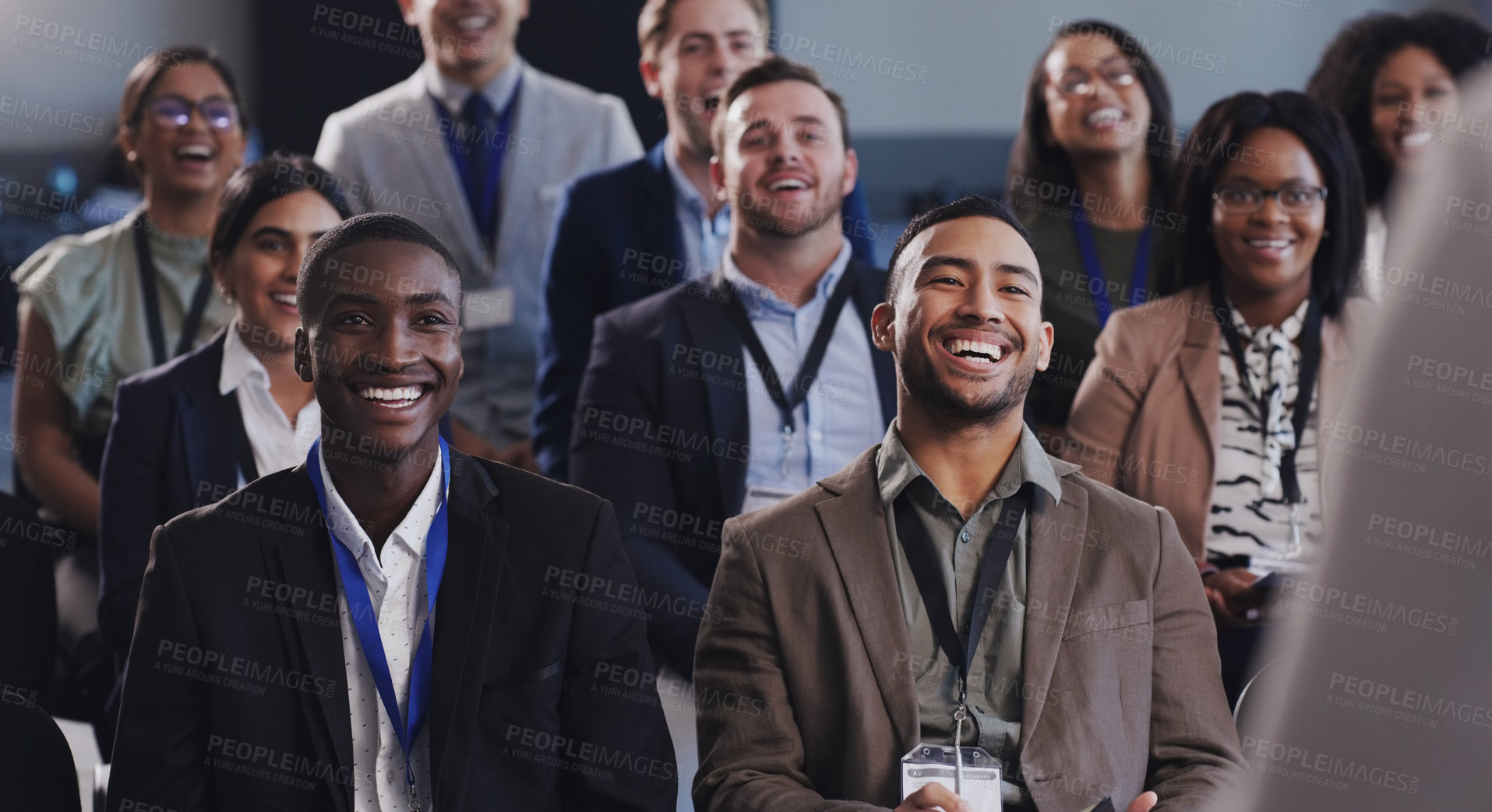 Buy stock photo Business people, conference and happy audience laughing at a seminar, workshop or training. Diversity men and women crowd at conference or convention for corporate education, knowledge and learning 