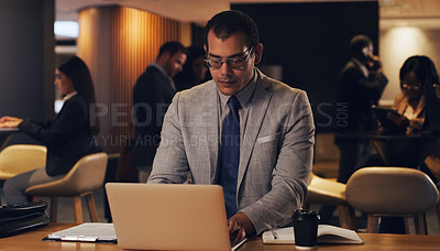 Buy stock photo Laptop, corporate lounge and business man focus on company project, online analysis or typing email. Lobby, website and professional person doing research, internet search or working on night report 