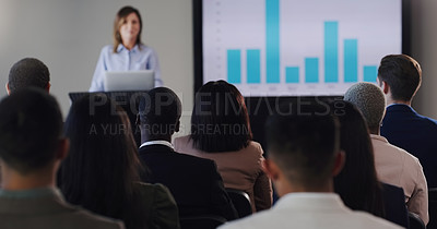 Buy stock photo Speaker, conference and business woman with graphs at a seminar, workshop or training. Professional men and women at a presentation with podium for learning, knowledge and discussion for sales growth