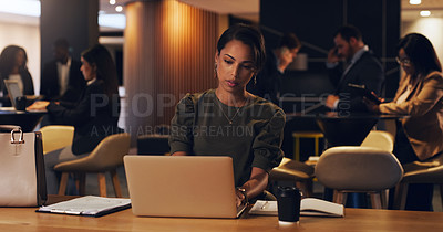 Buy stock photo Laptop, corporate coworking space and business woman on company project, online analysis or typing email. Lounge, review or professional person doing research, search or working on data report 