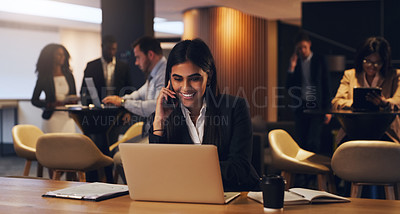 Buy stock photo Phone call, laptop and happy woman on corporate lounge conversation, discussion and smile for online loan info. Support chat, female financial advisor or consultant talking to sales contact on mobile