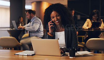 Buy stock photo Happy phone call, laptop or business woman speaking, talking and negotiation with investment contact. Coworking lounge, female advisor and african agent consulting about account information on mobile