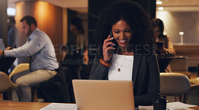 Buy stock photo Corporate phone call, laptop or happy woman, agent or worker with online review, feedback and chat to contact. Coworking lounge, reading and night person, expert or financial advisor in consultation
