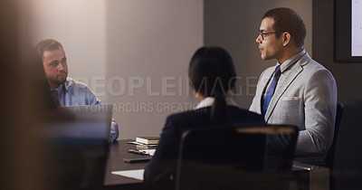 Buy stock photo Boardroom meeting, business people discussion and man, corporate leader or law firm CEO talking to attorney group. Teamwork collaboration, conversation and lawyer team cooperation on legal project 