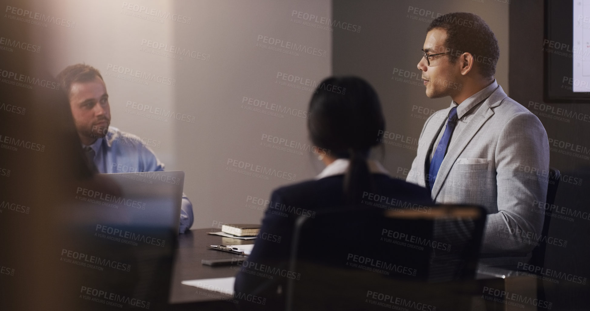 Buy stock photo Boardroom meeting, business people discussion and man, corporate leader or law firm CEO talking to attorney group. Teamwork collaboration, conversation and lawyer team cooperation on legal project 