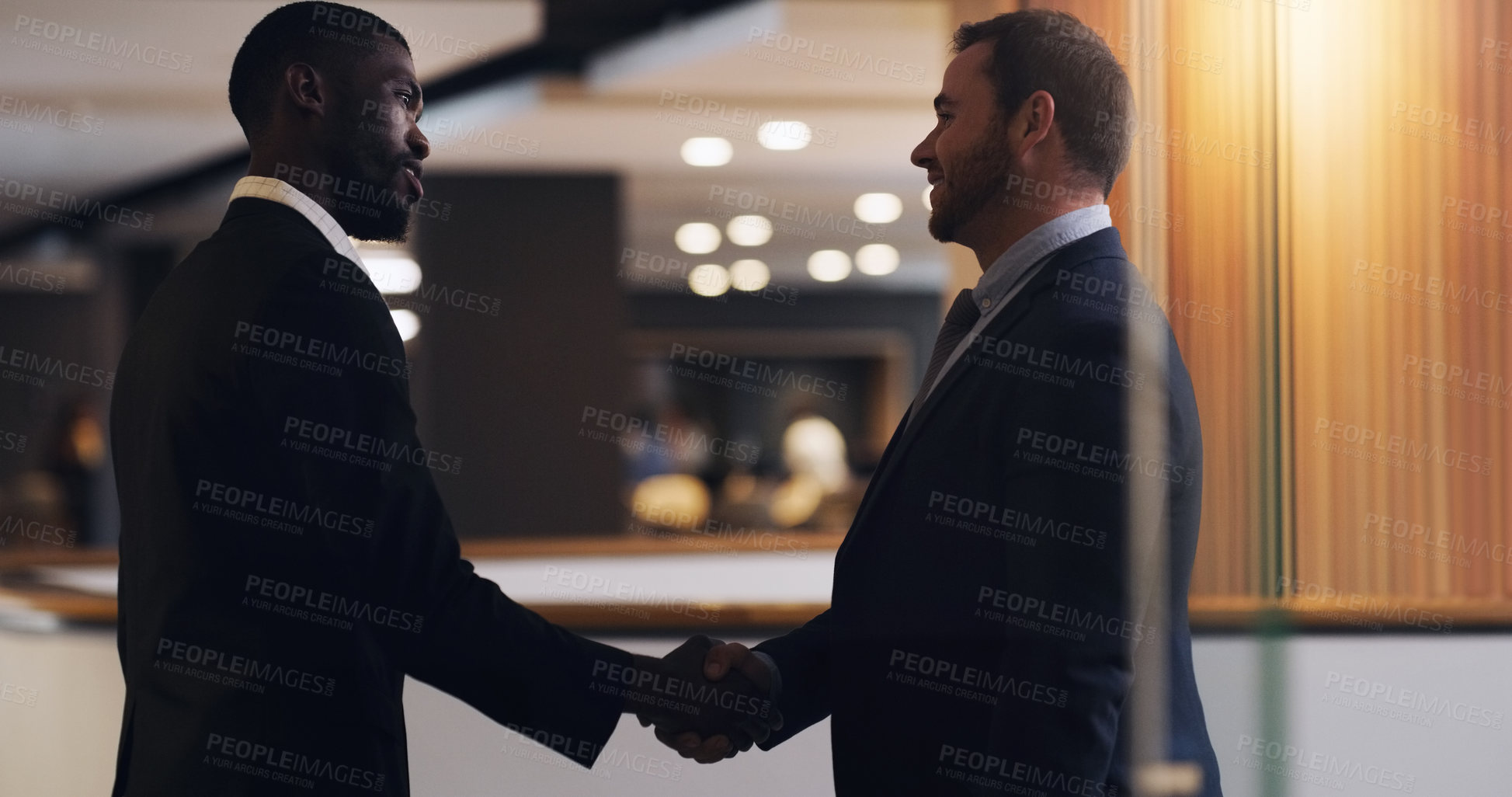 Buy stock photo Handshake, partnership deal or corporate people agreement for client investment, b2b contract negotiation or acquisition. Human resources, business hiring and government job interview with HR manager