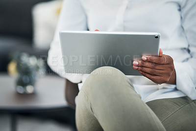 Buy stock photo Business, hands and woman with tablet, typing and connection with social media, internet and text. Closeup, person and entrepreneur with tech, email notification and contact with message and network