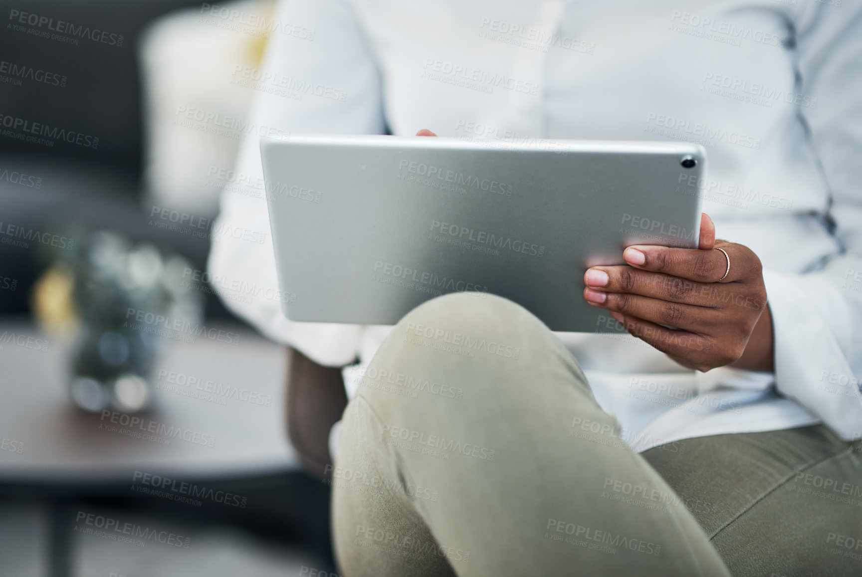 Buy stock photo Business, hands and woman with tablet, typing and connection with social media, internet and text. Closeup, person and entrepreneur with tech, email notification and contact with message and network