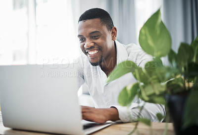 Buy stock photo Black man, laptop and happy in house for remote work, communication and business email with coffee. Human resources, technology and smile for freelance job, social networking and talent acquisition