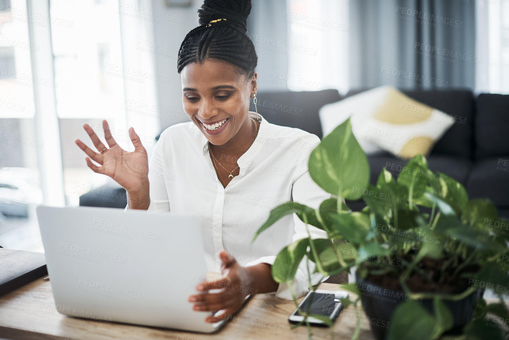 Buy stock photo Businesswoman, laptop and wave on video call in home for virtual meeting, remote work or online job interview. African professional, person and happy hello with tech for webinar and digital workshop