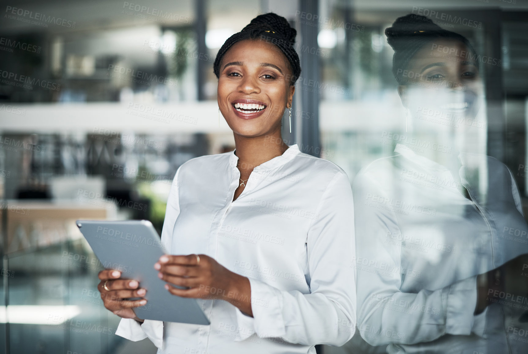 Buy stock photo Tablet, research and portrait of black woman in office with email for insurance information with communication. Connectivity, technology and African claims processor review or verify policy online.