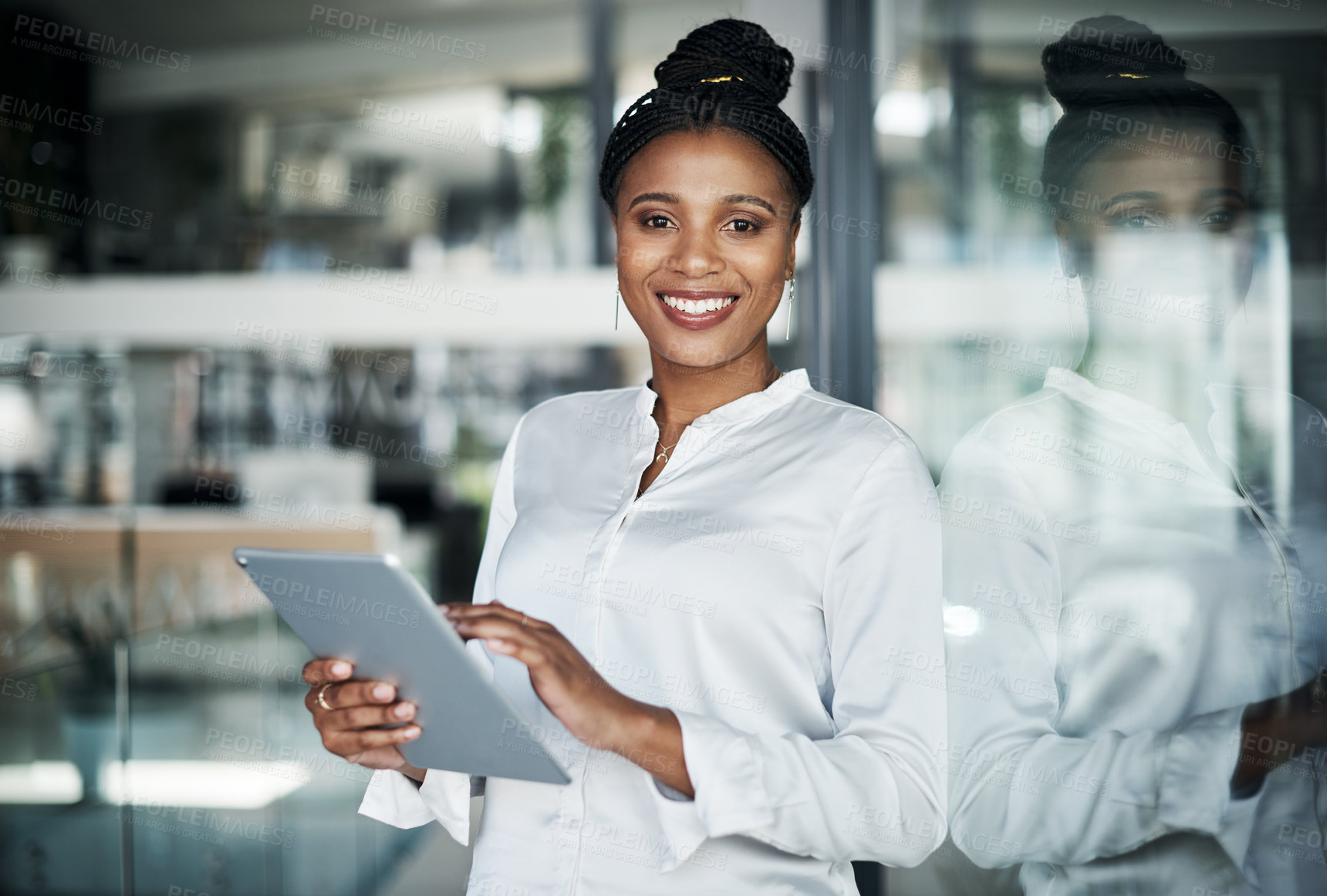 Buy stock photo Tablet, smile and portrait of black woman in office with email for insurance information with communication. Connectivity, technology and African claims processor review or verify policy online.