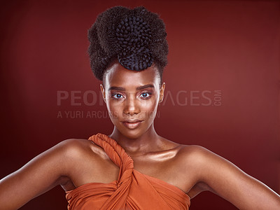 Buy stock photo Portrait, creative beauty and black woman with makeup, pride and confidence by studio backdrop. Smile, female person and model with glow, glamour and elegant by background for art deco or aesthetic