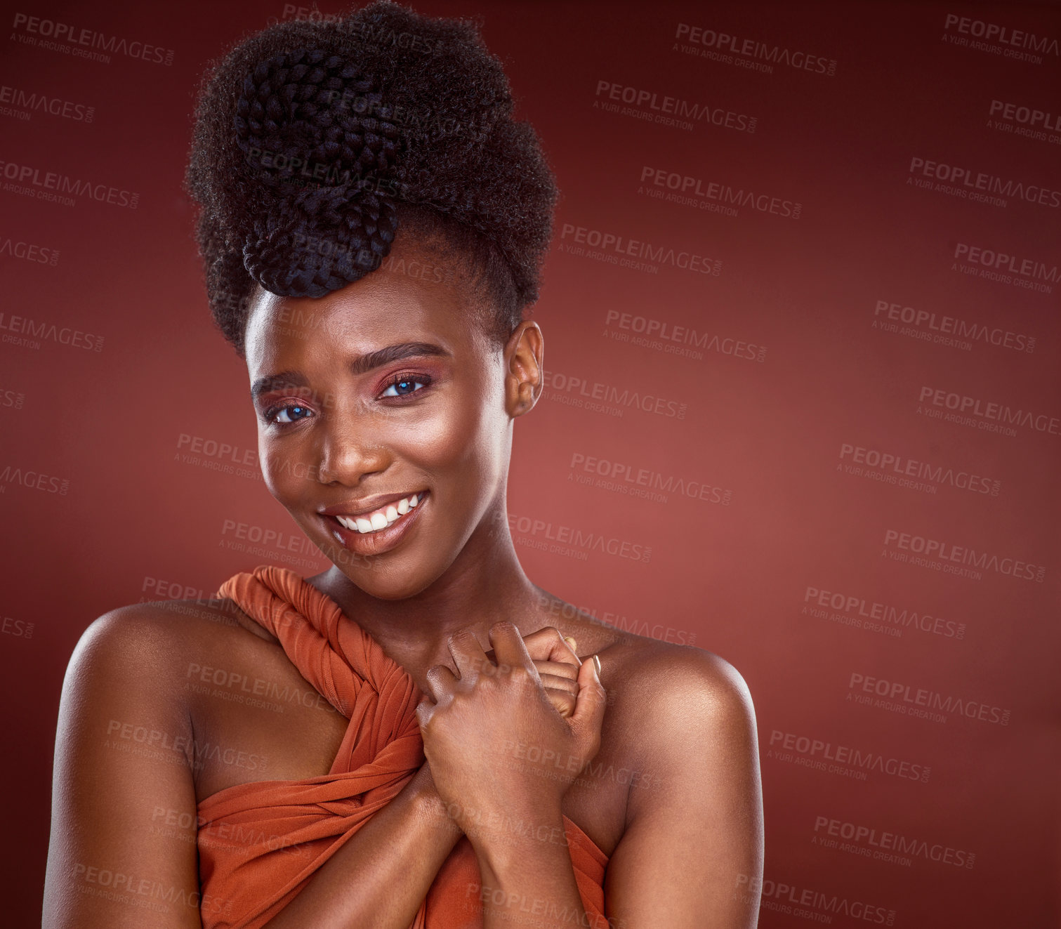 Buy stock photo Portrait, smile and creative beauty for black woman, makeup and confidence by studio backdrop. Pride, female person and model with glow, glamour and elegant by background for art deco or aesthetic