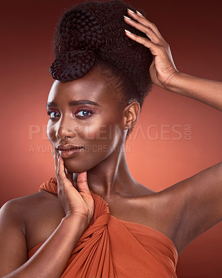 Buy stock photo Portrait, creative beauty and black woman with makeup, pride and confidence by studio backdrop. Smile, female person and model with glow, glamour and elegant by background for art deco or aesthetic